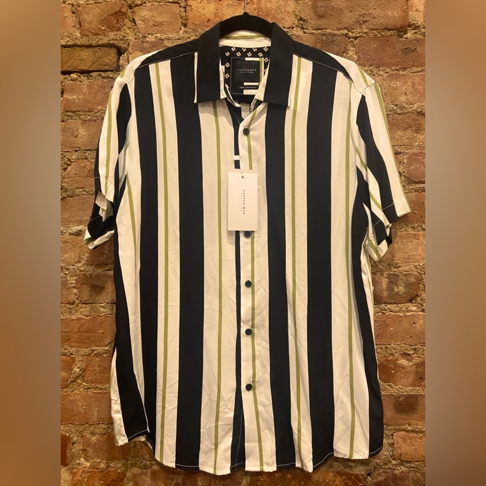 Cactus Man Ricky Singh Green, Black, White Striped Collared Button up Size M
